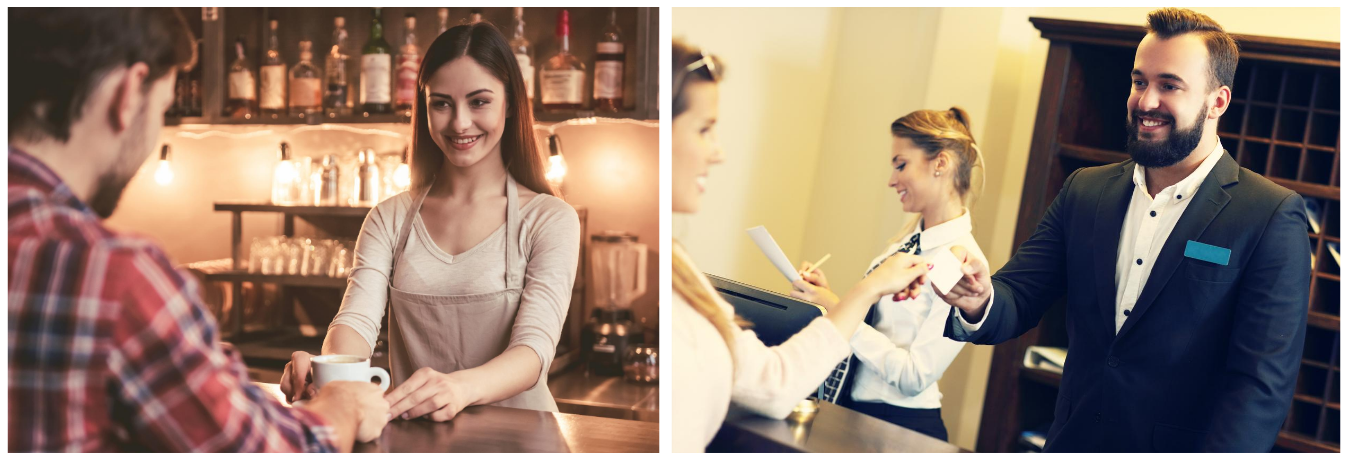 Order coffee or check into a hotel