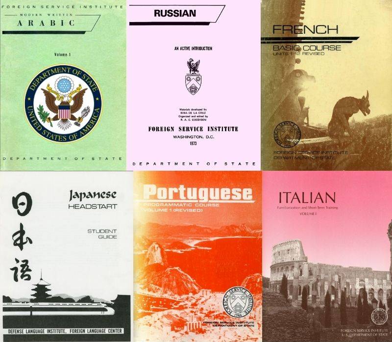 Collection of FSI language course textbooks including Arabic, Russian, French, Japanese, Portuguese, and Italian