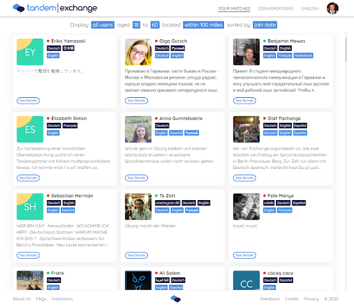 tandem exchange profile screen